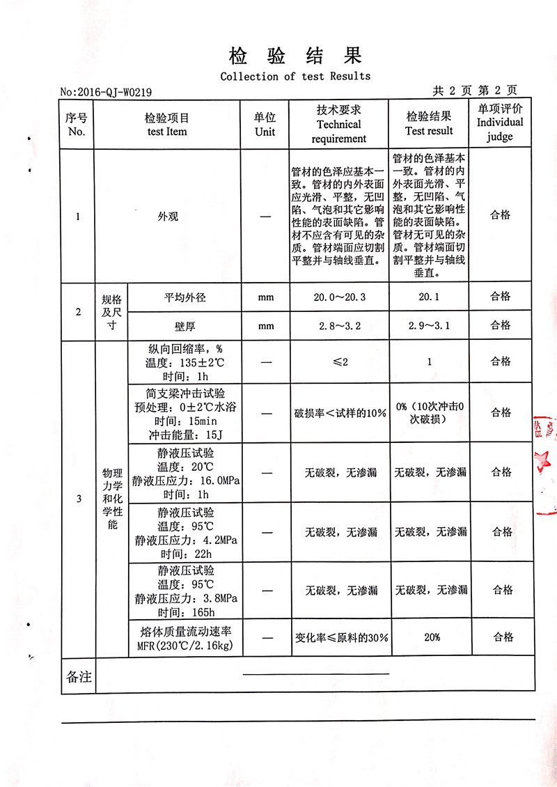 江苏国美塑业冷热水用聚丙烯(ppr)管材检验报告2016